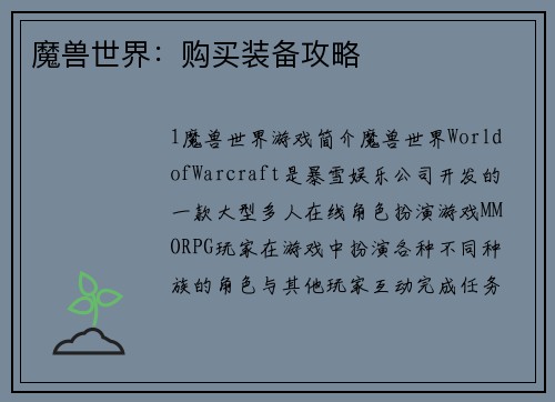 魔兽世界：购买装备攻略